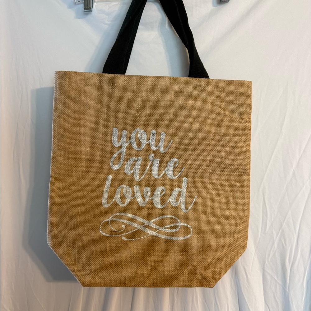 Tan Jute “You Are Loved” Tote Bag with Black Handles - Picture 6 of 9